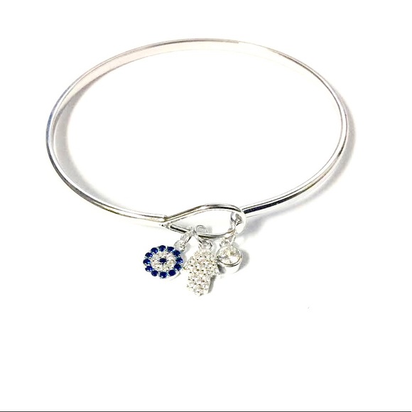 925 STERLING SILVER Hamsa-Eye-CZs Charms Bangle - Picture 4 of 8